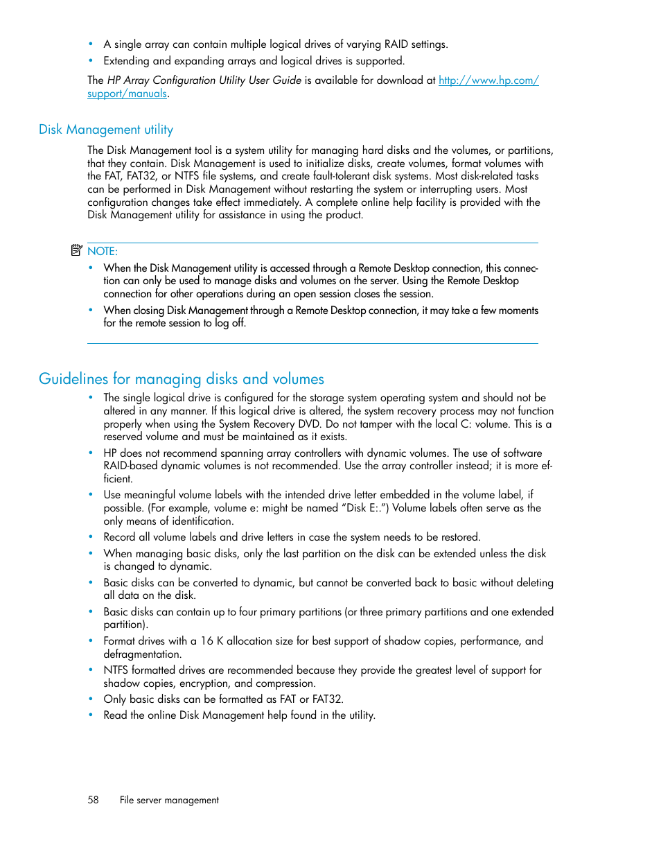 Disk management utility, Guidelines for managing disks and volumes | HP X1000 Network Storage Systems User Manual | Page 58 / 146