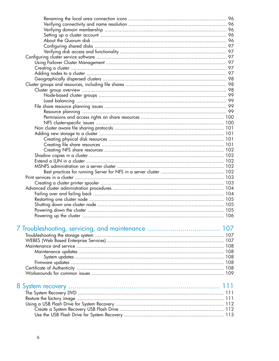 7 troubleshooting, servicing, and maintenance, 8 system recovery | HP X1000 Network Storage Systems User Manual | Page 6 / 146