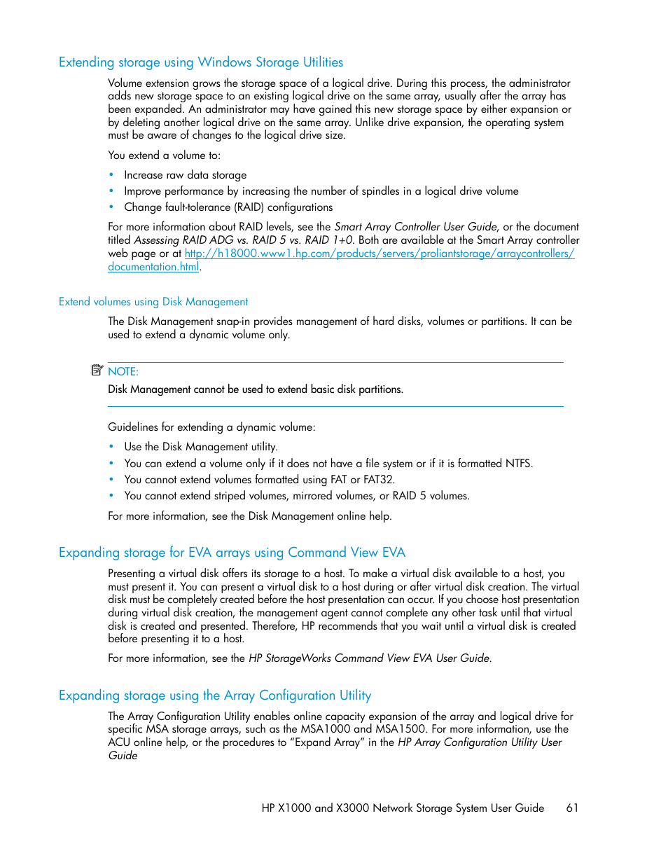 Extending storage using windows storage utilities, Extend volumes using disk management | HP X1000 Network Storage Systems User Manual | Page 61 / 146