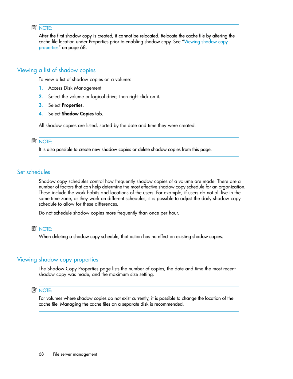 Viewing a list of shadow copies, Set schedules, Viewing shadow copy properties | 68 set schedules, 68 viewing shadow copy properties | HP X1000 Network Storage Systems User Manual | Page 68 / 146