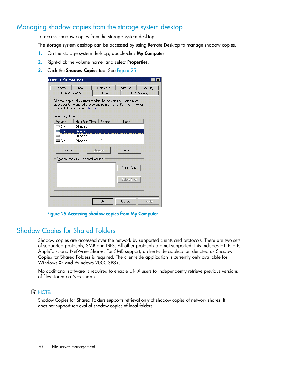 Shadow copies for shared folders, 70 shadow copies for shared folders, Accessing shadow copies from my computer | HP X1000 Network Storage Systems User Manual | Page 70 / 146