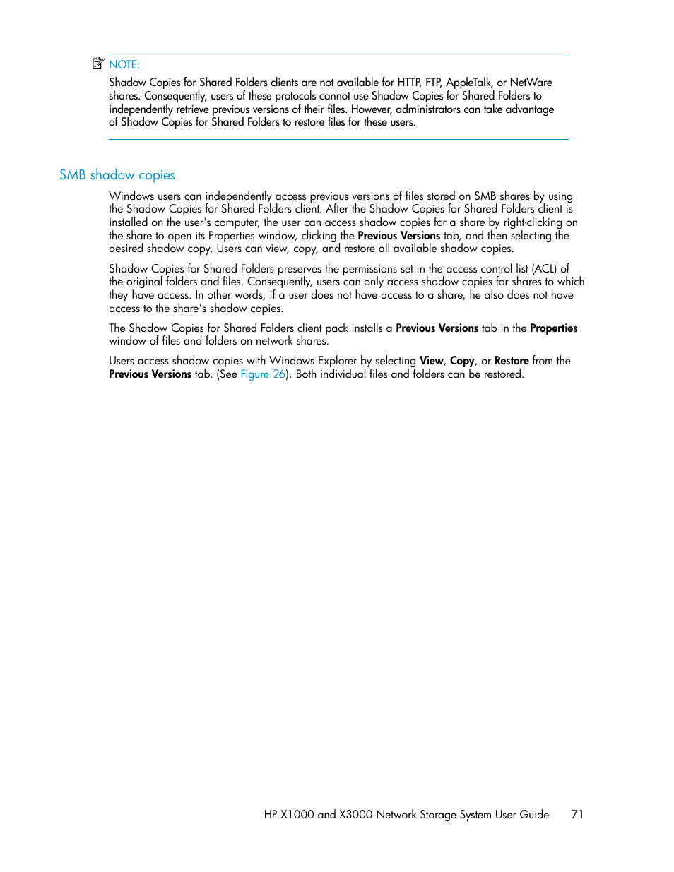 Smb shadow copies | HP X1000 Network Storage Systems User Manual | Page 71 / 146