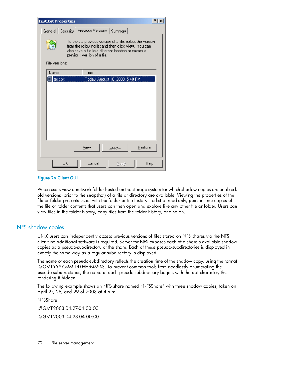 Nfs shadow copies, Client gui | HP X1000 Network Storage Systems User Manual | Page 72 / 146