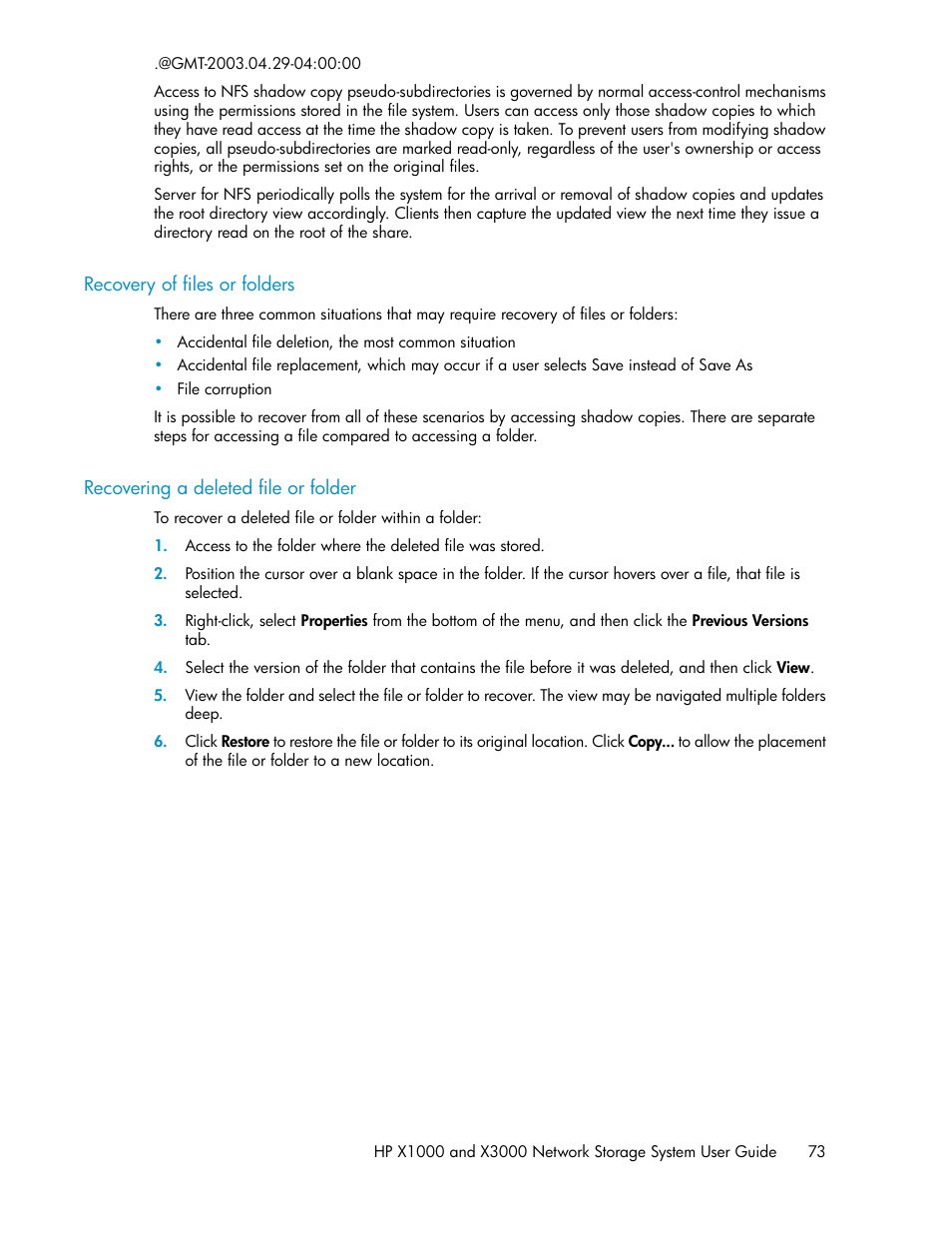 Recovery of files or folders, Recovering a deleted file or folder, 73 recovering a deleted file or folder | HP X1000 Network Storage Systems User Manual | Page 73 / 146