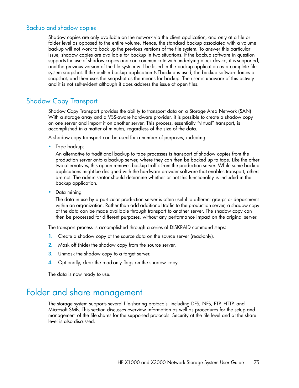 Backup and shadow copies, Shadow copy transport, Folder and share management | HP X1000 Network Storage Systems User Manual | Page 75 / 146