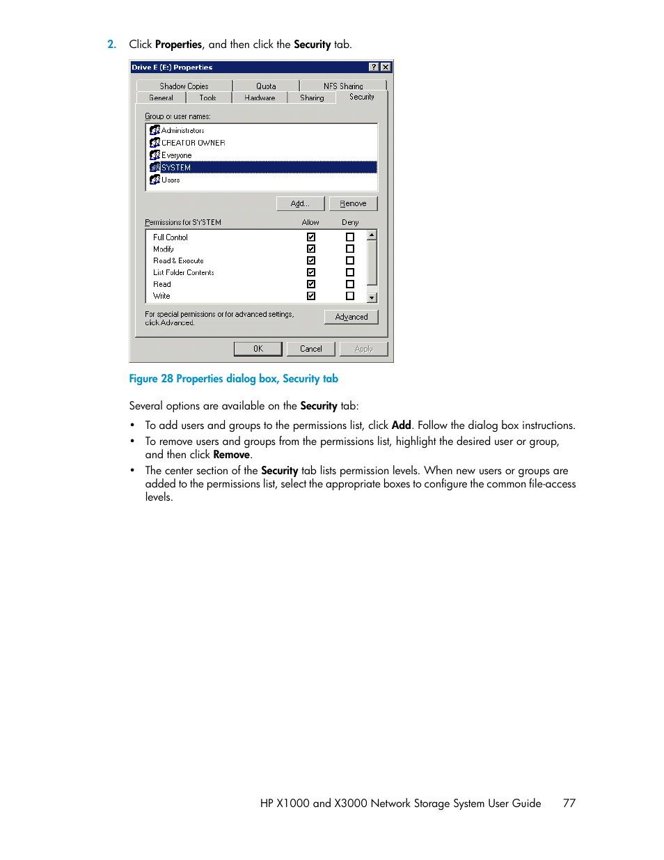 Properties dialog box, security tab | HP X1000 Network Storage Systems User Manual | Page 77 / 146