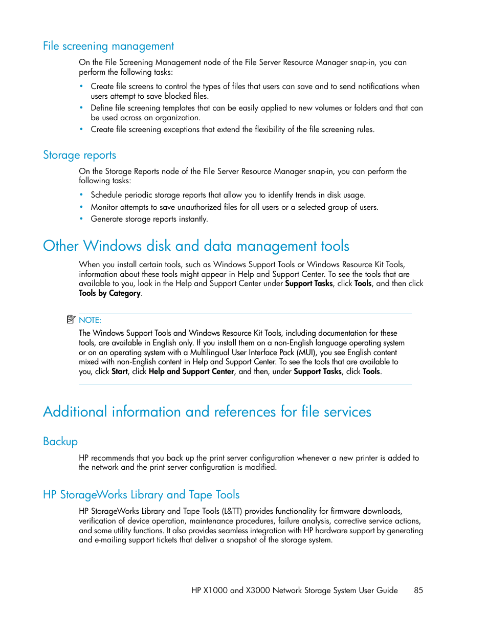 File screening management, Storage reports, Other windows disk and data management tools | Backup, Hp storageworks library and tape tools, 85 storage reports, 85 hp storageworks library and tape tools | HP X1000 Network Storage Systems User Manual | Page 85 / 146