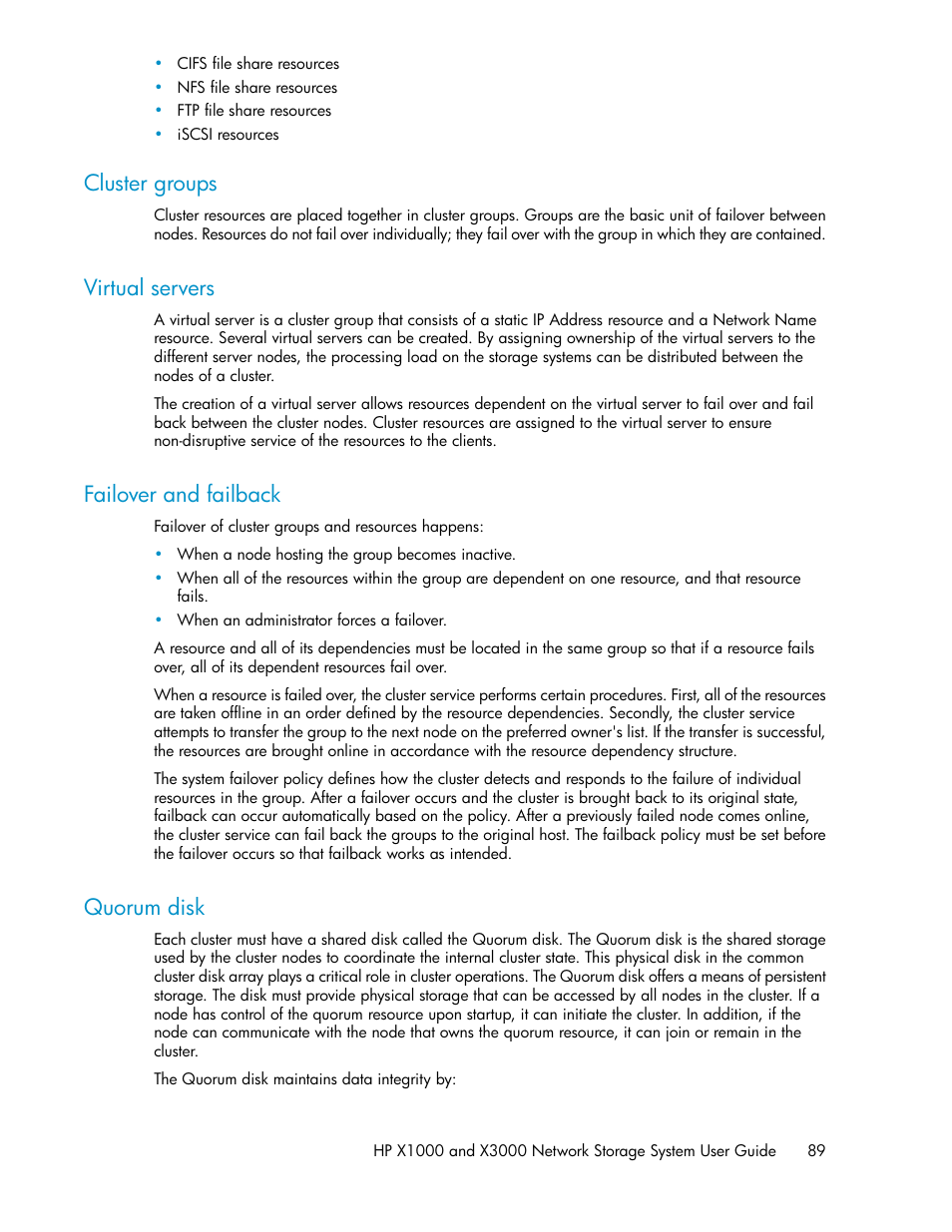 Cluster groups, Virtual servers, Failover and failback | Quorum disk, 89 virtual servers, 89 failover and failback, 89 quorum disk | HP X1000 Network Storage Systems User Manual | Page 89 / 146