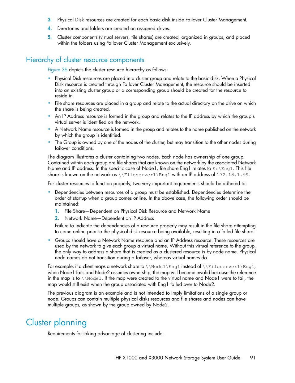 Hierarchy of cluster resource components, Cluster planning | HP X1000 Network Storage Systems User Manual | Page 91 / 146