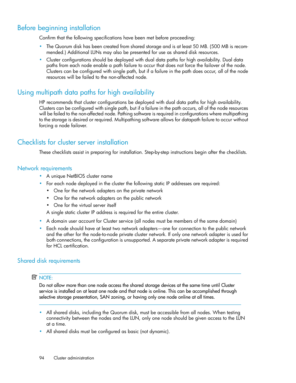 Before beginning installation, Using multipath data paths for high availability, Checklists for cluster server installation | Network requirements, Shared disk requirements, 94 checklists for cluster server installation, 94 shared disk requirements | HP X1000 Network Storage Systems User Manual | Page 94 / 146