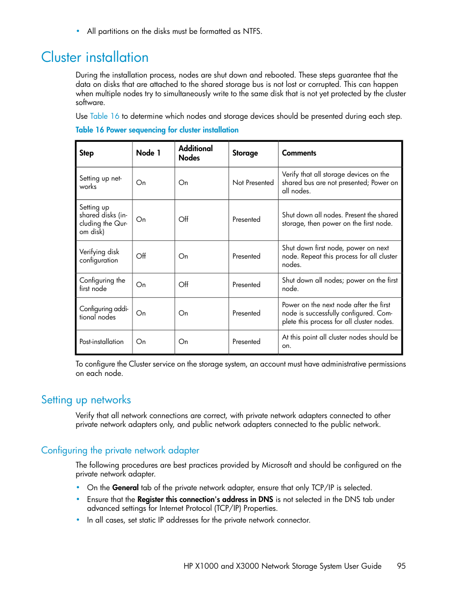 Cluster installation, Setting up networks, Configuring the private network adapter | Power sequencing for cluster installation | HP X1000 Network Storage Systems User Manual | Page 95 / 146