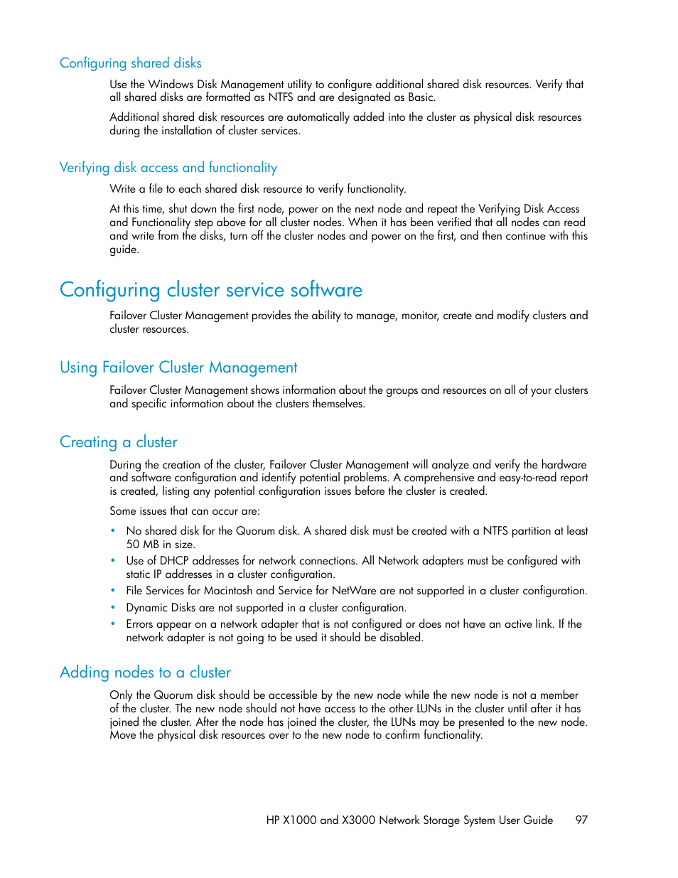 Configuring shared disks, Verifying disk access and functionality, Configuring cluster service software | Using failover cluster management, Creating a cluster, Adding nodes to a cluster, 97 verifying disk access and functionality, 97 creating a cluster, 97 adding nodes to a cluster | HP X1000 Network Storage Systems User Manual | Page 97 / 146