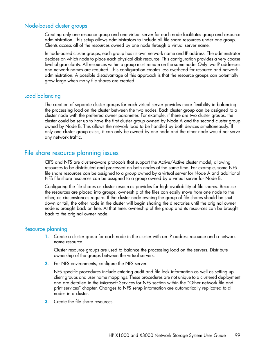 Node-based cluster groups, Load balancing, File share resource planning issues | Resource planning, 99 load balancing | HP X1000 Network Storage Systems User Manual | Page 99 / 146