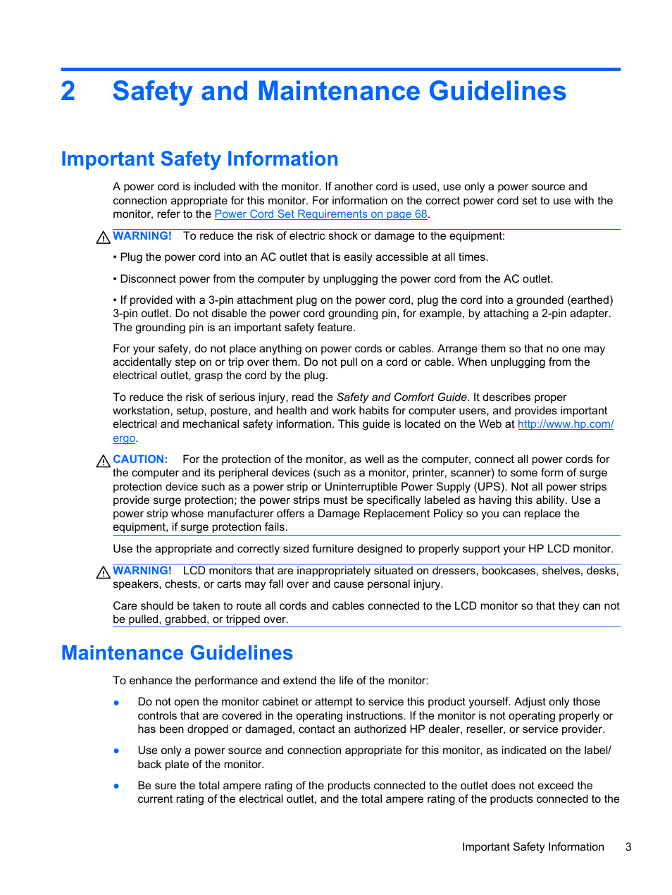 Safety and maintenance guidelines, Important safety information, Maintenance guidelines | 2 safety and maintenance guidelines, 2safety and maintenance guidelines | HP DreamColor Z27x Professional Display User Manual | Page 11 / 80