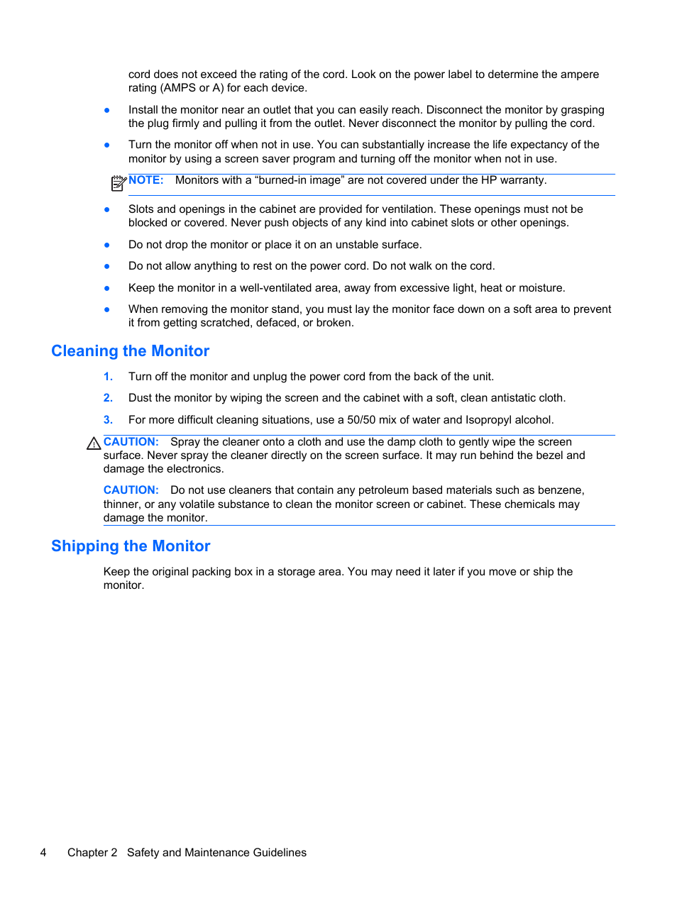 Cleaning the monitor, Shipping the monitor, Cleaning the monitor shipping the monitor | HP DreamColor Z27x Professional Display User Manual | Page 12 / 80
