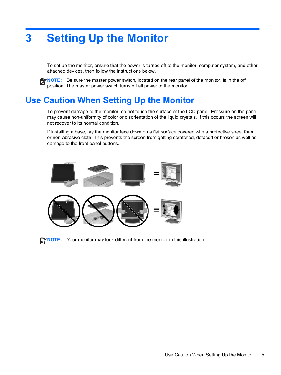 Setting up the monitor, Use caution when setting up the monitor, 3 setting up the monitor | 3setting up the monitor | HP DreamColor Z27x Professional Display User Manual | Page 13 / 80