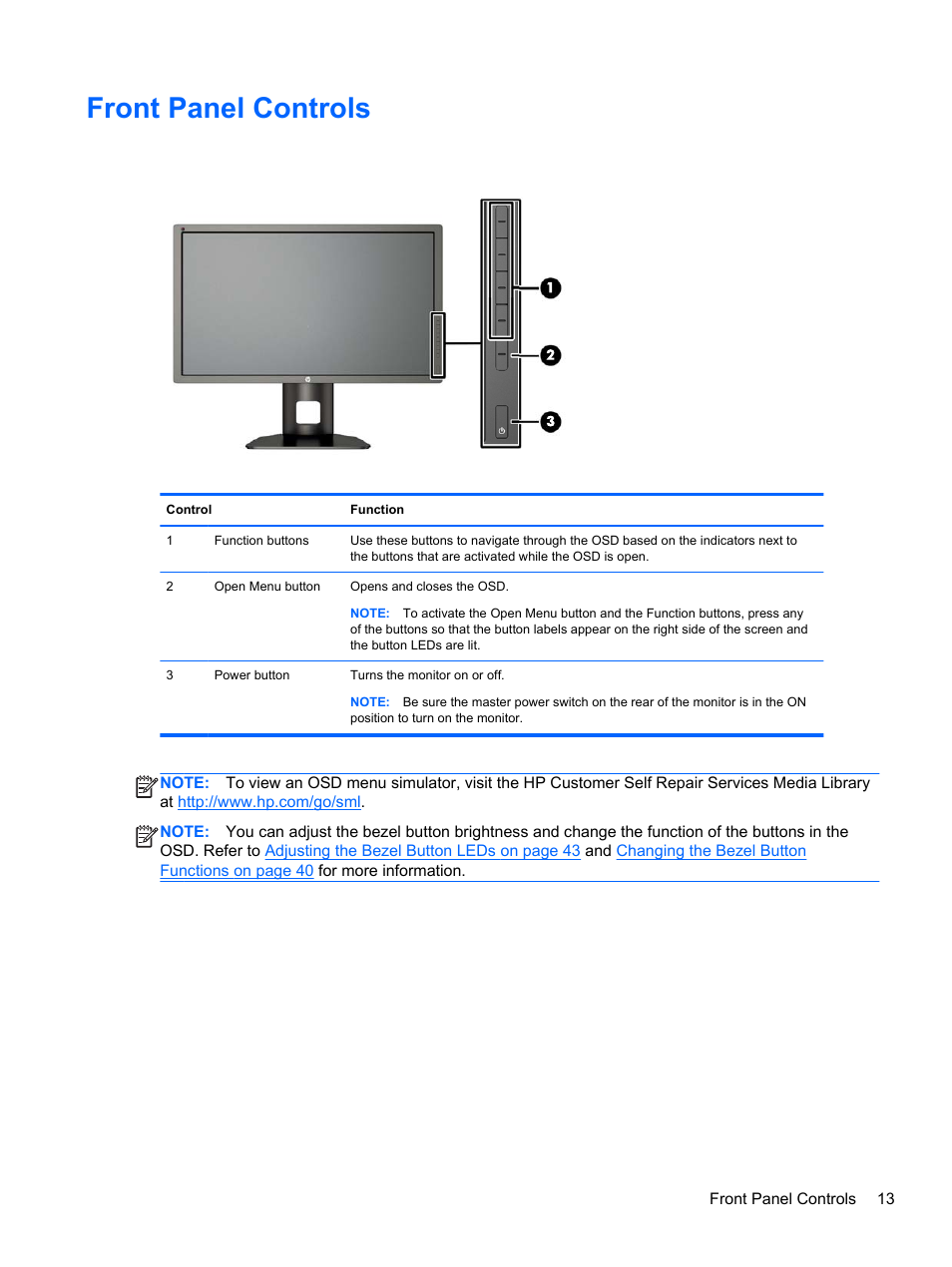 Front panel controls | HP DreamColor Z27x Professional Display User Manual | Page 21 / 80