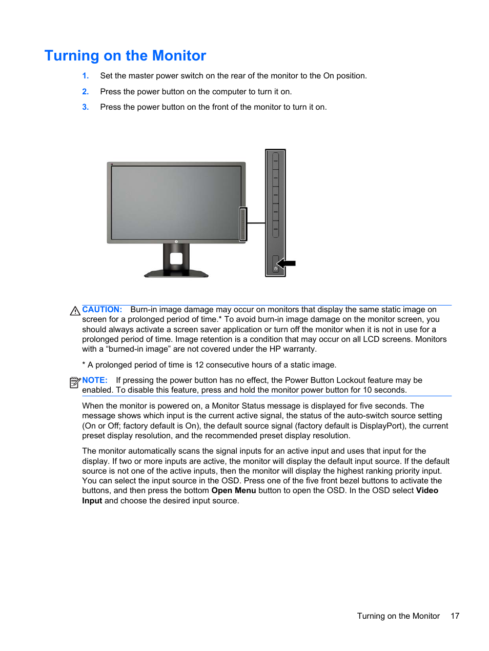 Turning on the monitor | HP DreamColor Z27x Professional Display User Manual | Page 25 / 80