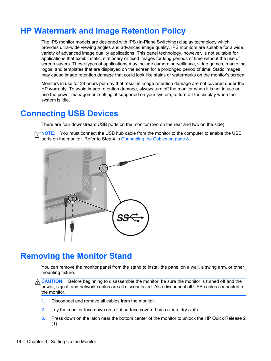 Hp watermark and image retention policy, Connecting usb devices, Removing the monitor stand | HP DreamColor Z27x Professional Display User Manual | Page 26 / 80