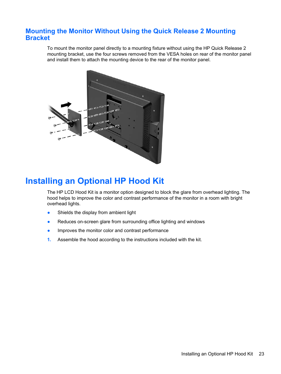 Installing an optional hp hood kit | HP DreamColor Z27x Professional Display User Manual | Page 31 / 80