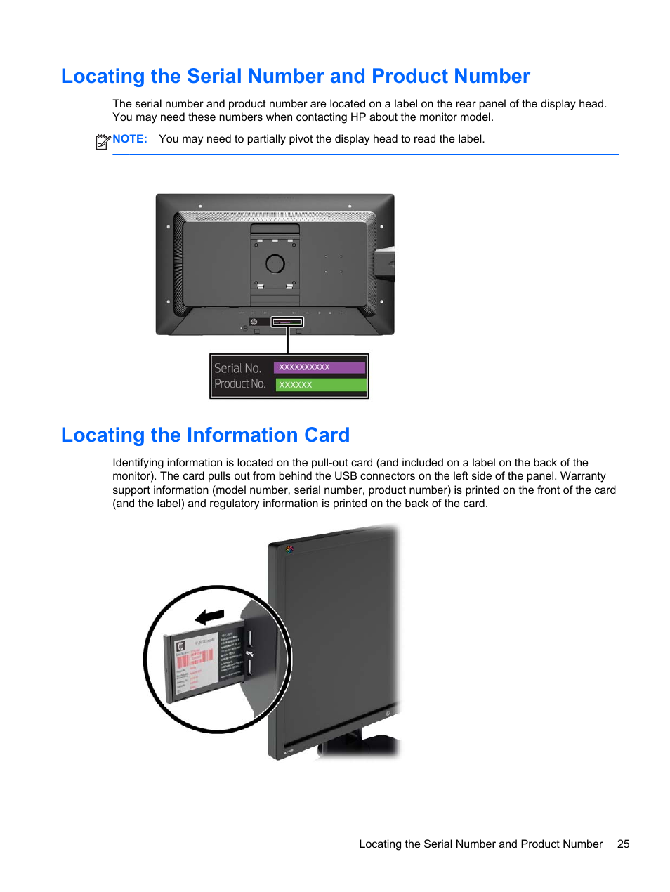 Locating the serial number and product number, Locating the information card | HP DreamColor Z27x Professional Display User Manual | Page 33 / 80