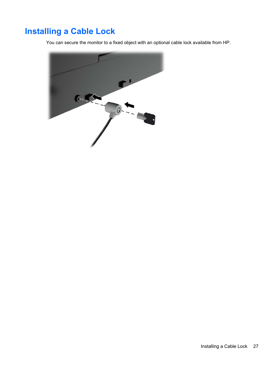 Installing a cable lock | HP DreamColor Z27x Professional Display User Manual | Page 35 / 80
