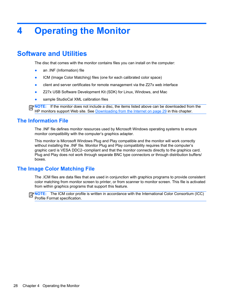 Operating the monitor, Software and utilities, The information file | The image color matching file, 4 operating the monitor, The information file the image color matching file, 4operating the monitor | HP DreamColor Z27x Professional Display User Manual | Page 36 / 80