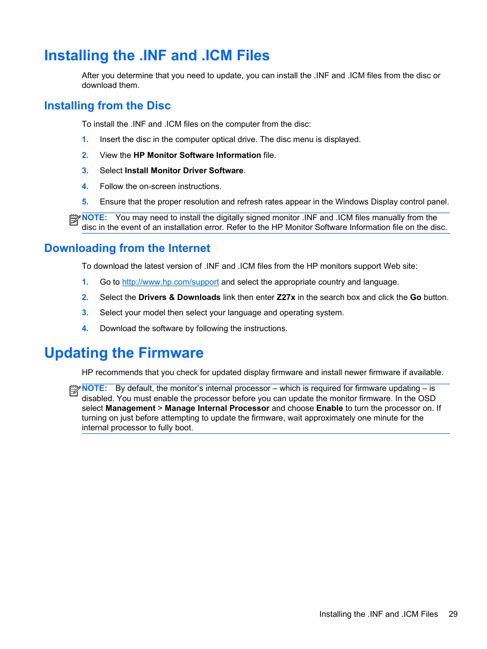 Installing the .inf and .icm files, Installing from the disc, Downloading from the internet | Updating the firmware | HP DreamColor Z27x Professional Display User Manual | Page 37 / 80