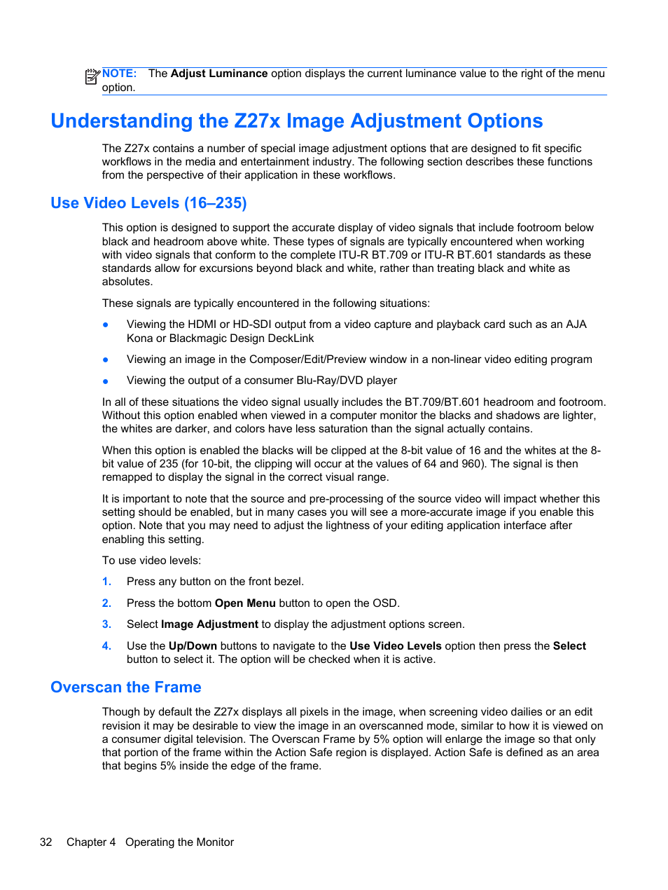 Understanding the z27x image adjustment options, Use video levels (16–235), Overscan the frame | Use video levels (16–235) overscan the frame | HP DreamColor Z27x Professional Display User Manual | Page 40 / 80