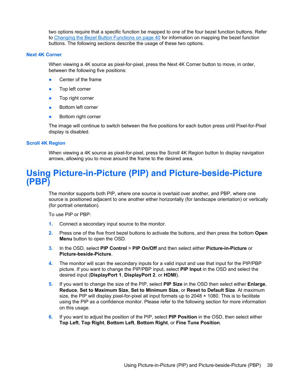 Next 4k corner, Scroll 4k region, Next 4k corner scroll 4k region | HP DreamColor Z27x Professional Display User Manual | Page 47 / 80
