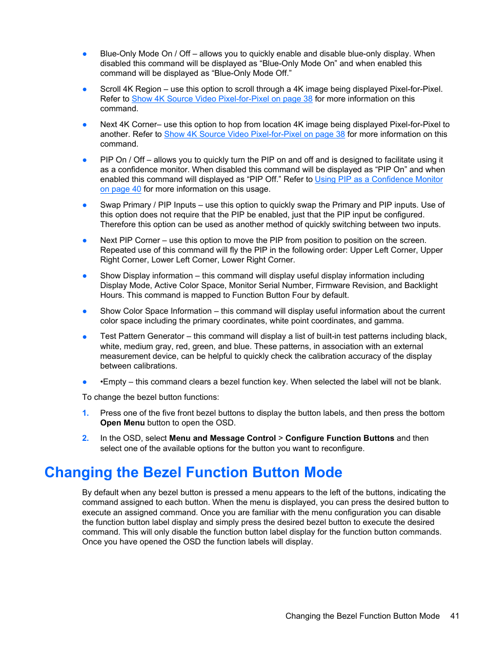 Changing the bezel function button mode | HP DreamColor Z27x Professional Display User Manual | Page 49 / 80