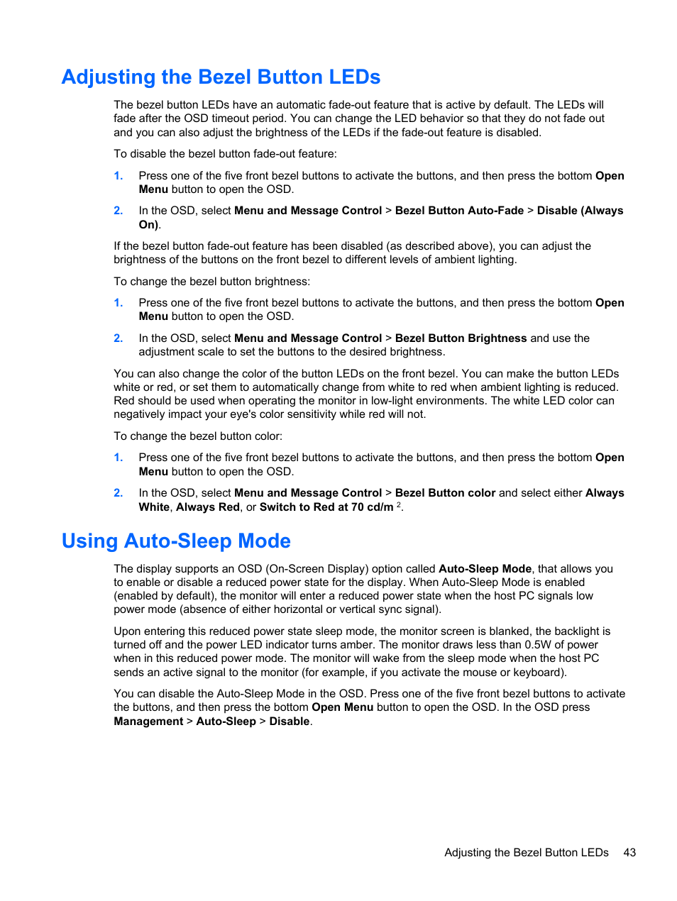 Adjusting the bezel button leds, Using auto-sleep mode | HP DreamColor Z27x Professional Display User Manual | Page 51 / 80