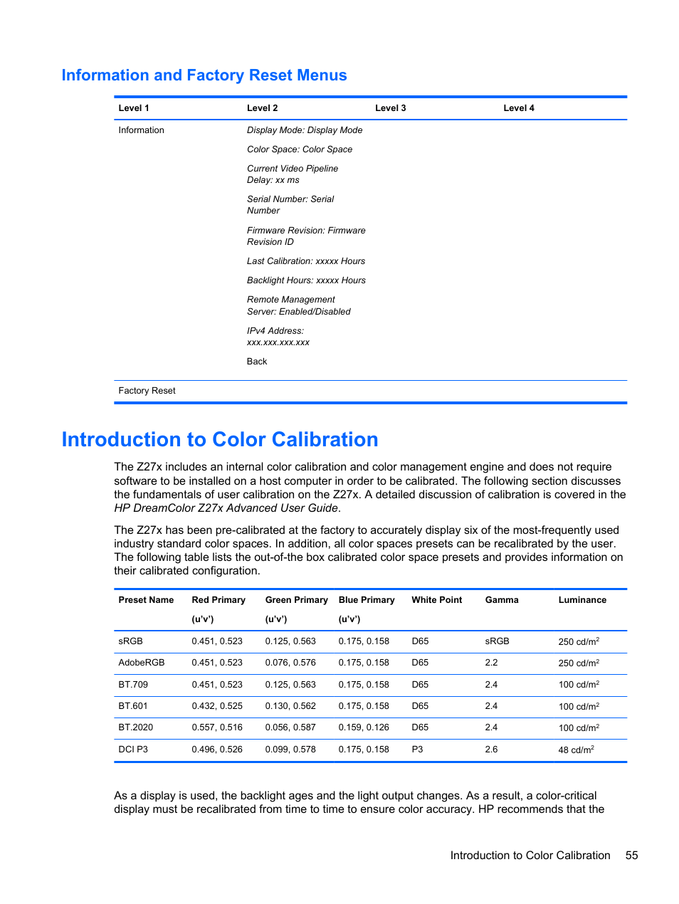 Information and factory reset menus, Introduction to color calibration | HP DreamColor Z27x Professional Display User Manual | Page 63 / 80