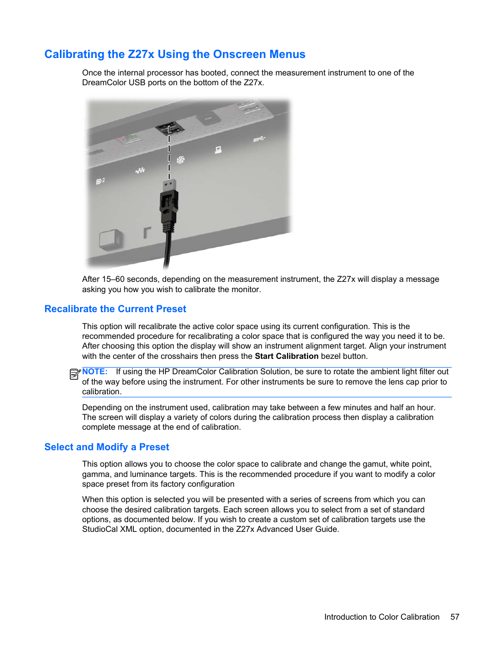 Calibrating the z27x using the onscreen menus, Recalibrate the current preset, Select and modify a preset | HP DreamColor Z27x Professional Display User Manual | Page 65 / 80