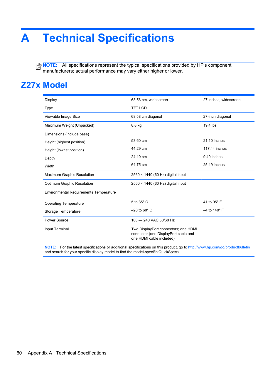 Technical specifications, Z27x model, Appendix a technical specifications | Atechnical specifications | HP DreamColor Z27x Professional Display User Manual | Page 68 / 80