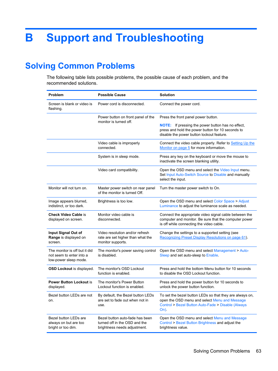 Support and troubleshooting, Solving common problems, Appendix b support and troubleshooting | Bsupport and troubleshooting | HP DreamColor Z27x Professional Display User Manual | Page 71 / 80