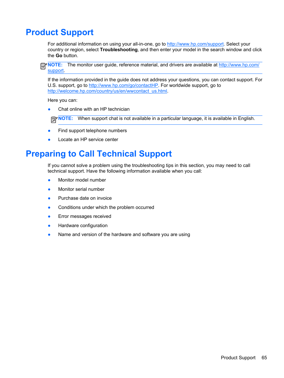 Product support, Preparing to call technical support | HP DreamColor Z27x Professional Display User Manual | Page 73 / 80