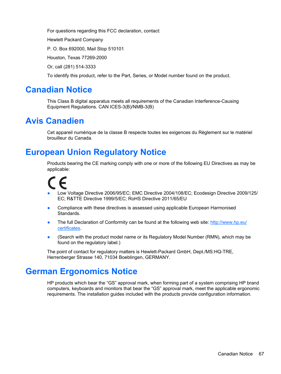 Canadian notice, Avis canadien, European union regulatory notice | German ergonomics notice | HP DreamColor Z27x Professional Display User Manual | Page 75 / 80