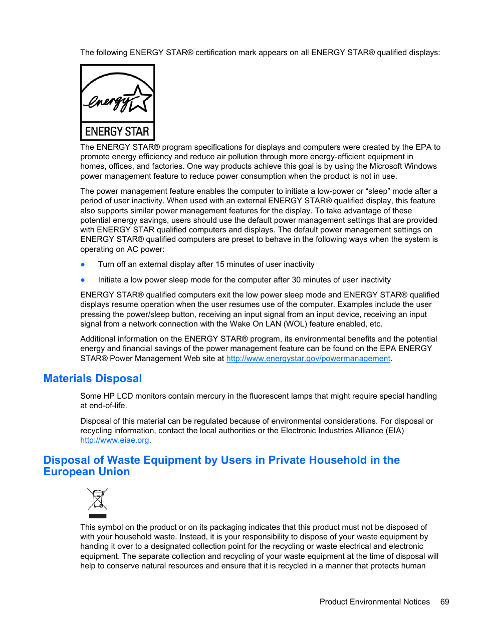 Materials disposal | HP DreamColor Z27x Professional Display User Manual | Page 77 / 80