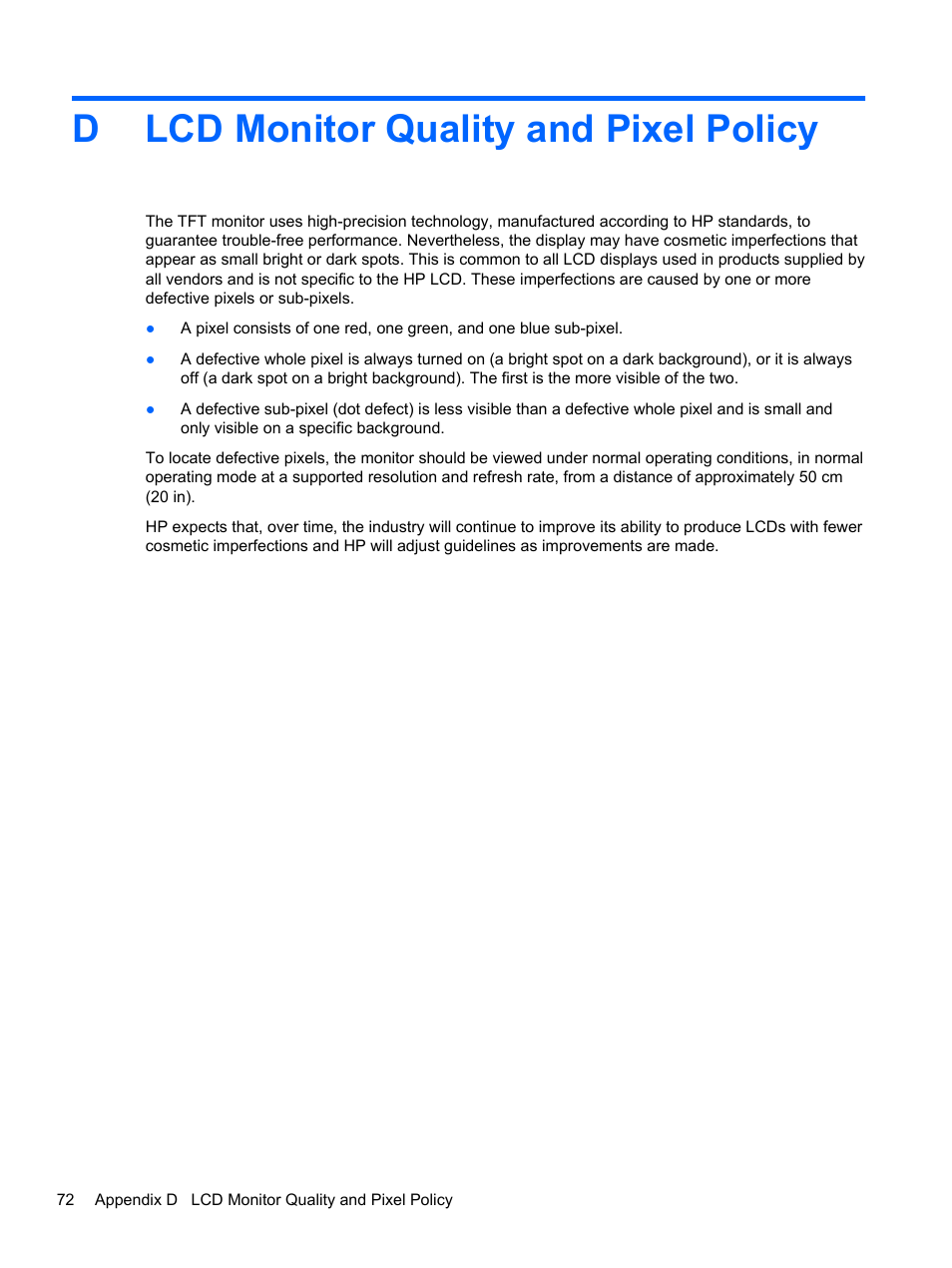 Lcd monitor quality and pixel policy, Appendix d lcd monitor quality and pixel policy, Dlcd monitor quality and pixel policy | HP DreamColor Z27x Professional Display User Manual | Page 80 / 80