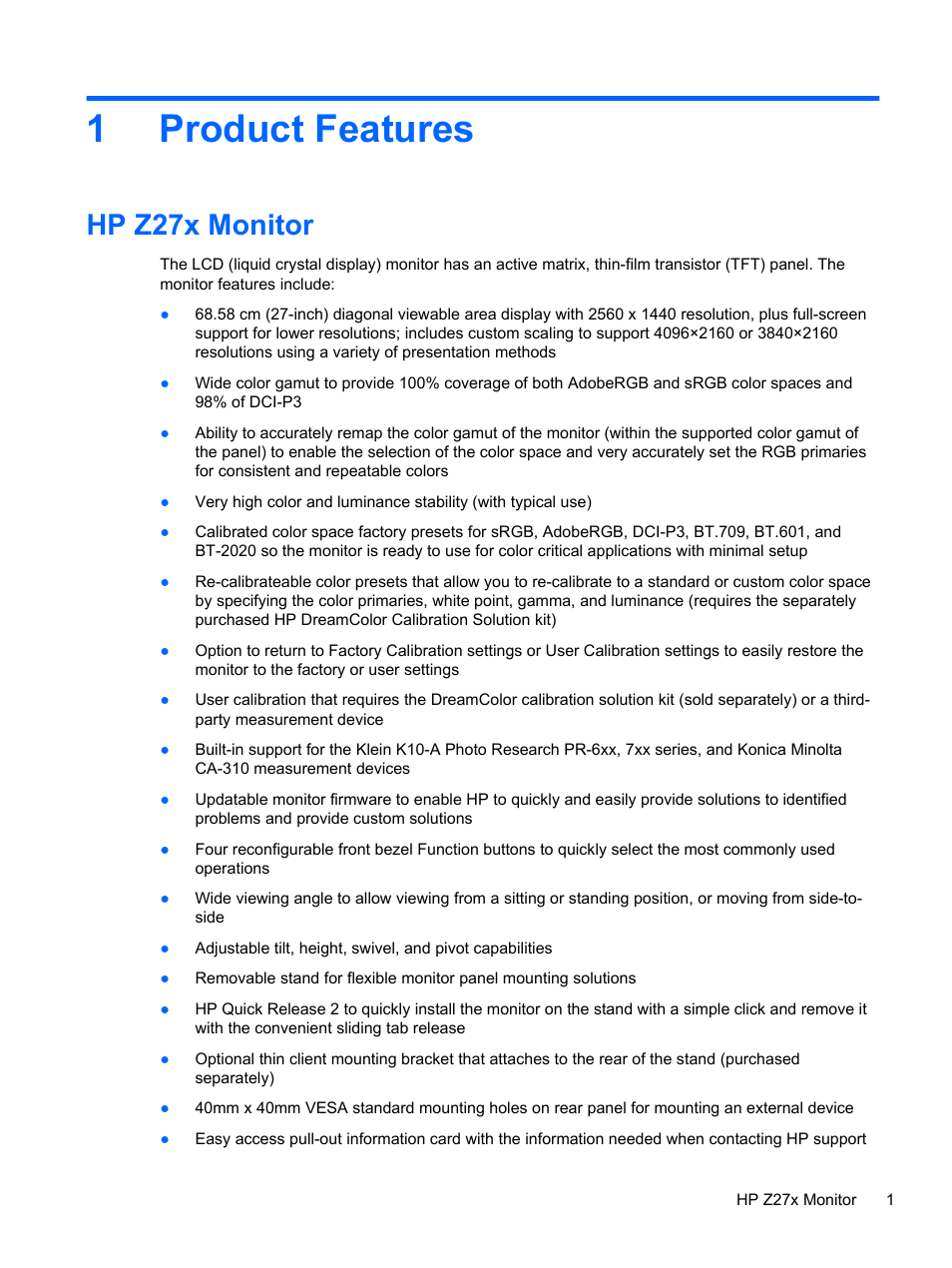 Product features, Hp z27x monitor, 1 product features | 1product features | HP DreamColor Z27x Professional Display User Manual | Page 9 / 80