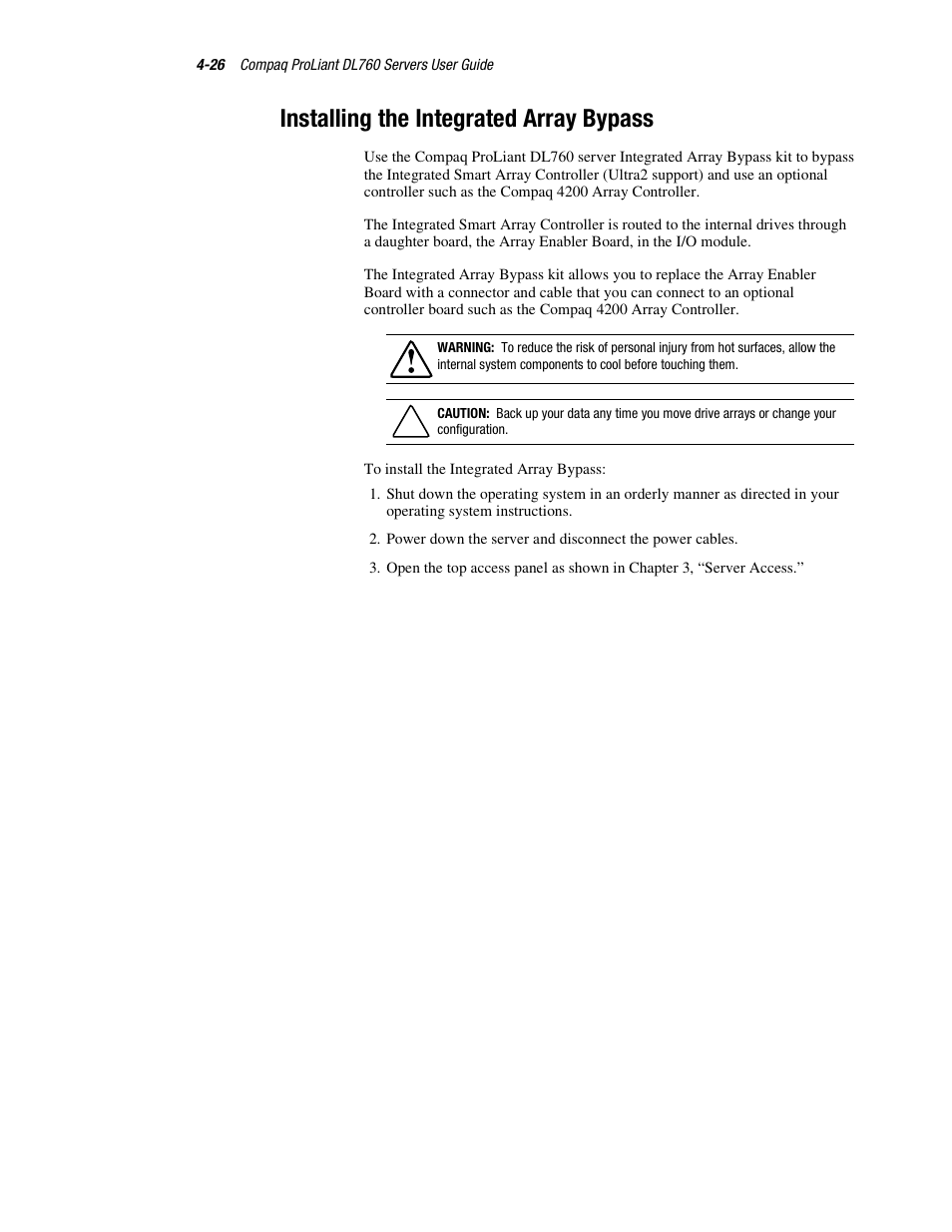 Installing the integrated array bypass, Installing the integrated array bypass -26 | HP ProLiant DL760 Server User Manual | Page 100 / 229