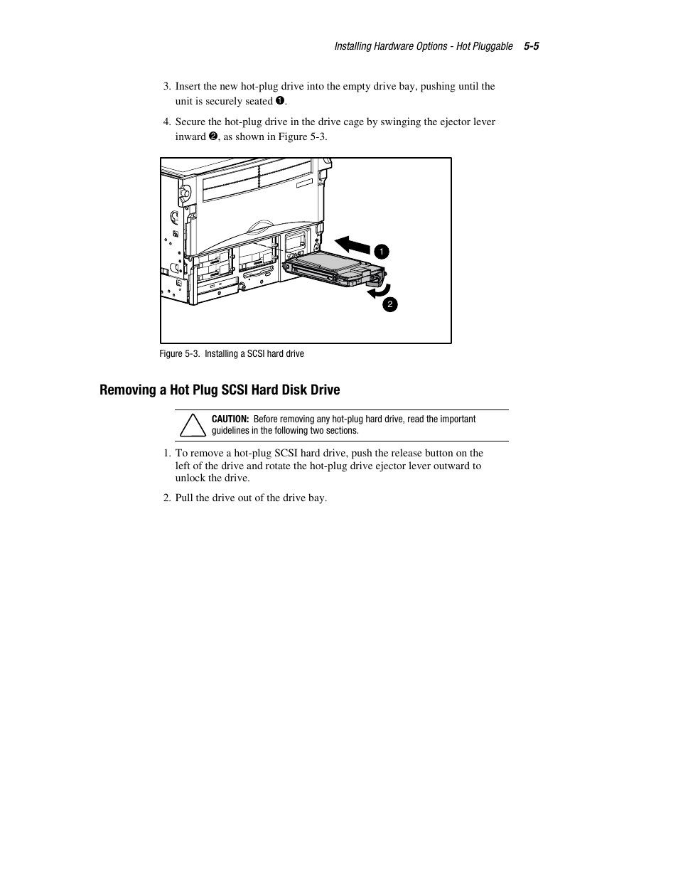 Removing a hot plug scsi hard disk drive, Removing a hot plug scsi hard disk drive -5 | HP ProLiant DL760 Server User Manual | Page 108 / 229