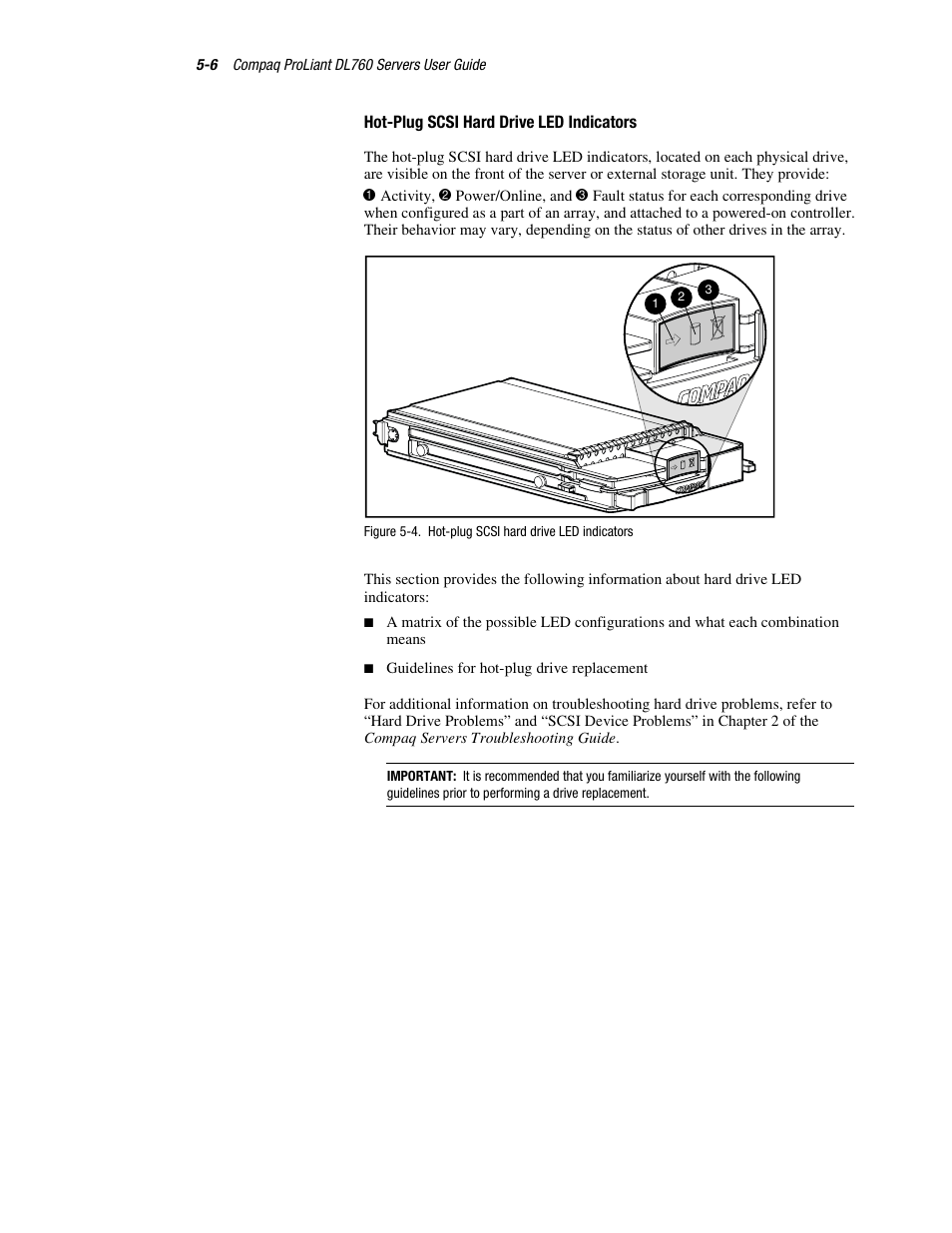 Hot-plug scsi hard drive led indicators | HP ProLiant DL760 Server User Manual | Page 109 / 229