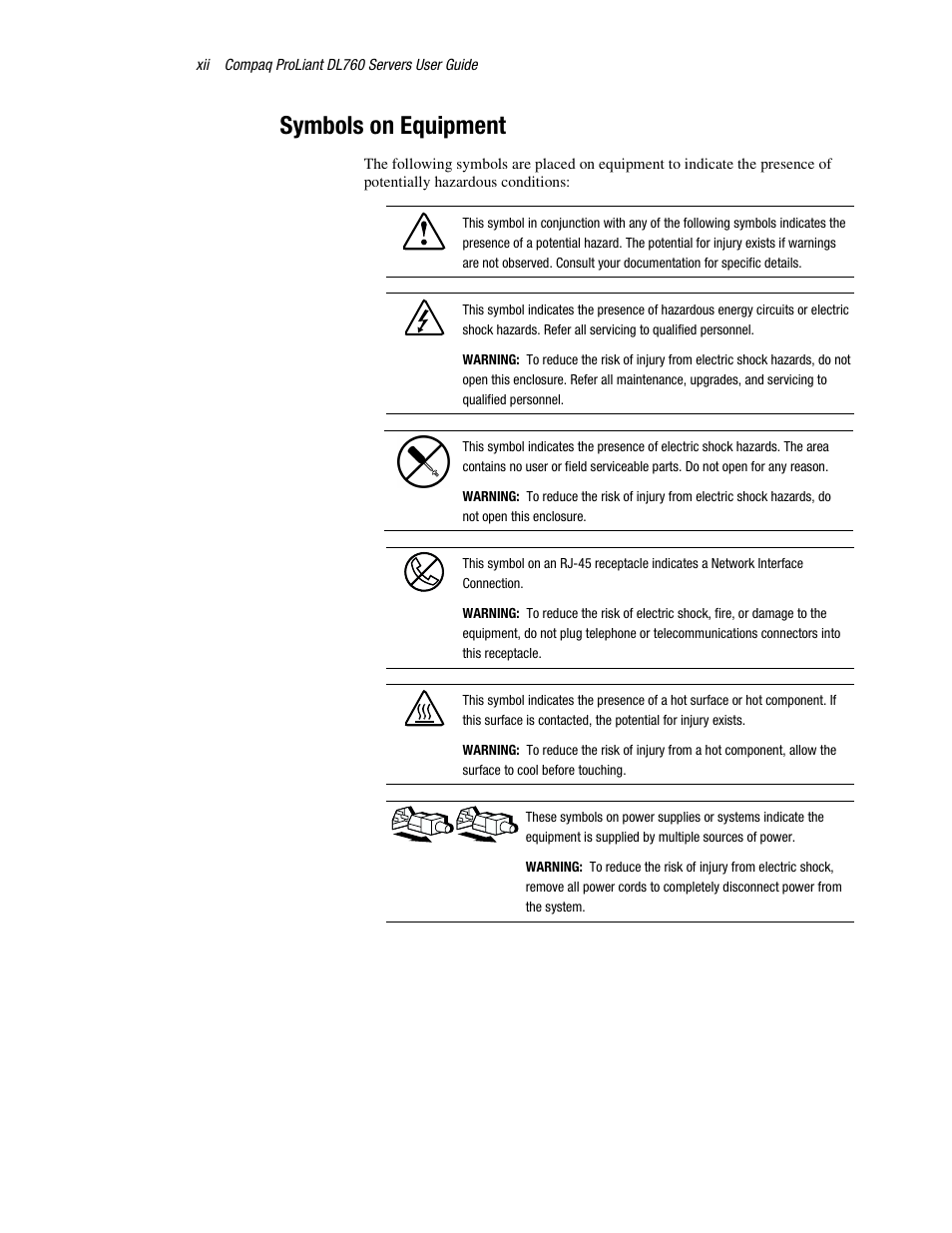 Symbols on equipment | HP ProLiant DL760 Server User Manual | Page 12 / 229