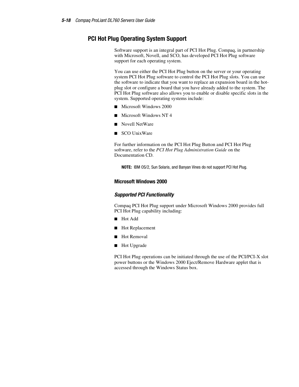 Pci hot plug operating system support, Microsoft windows 2000, Pci hot plug operating system support -18 | HP ProLiant DL760 Server User Manual | Page 121 / 229