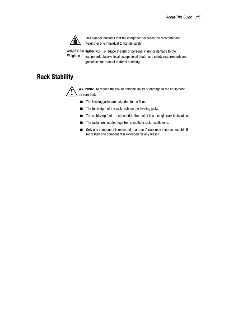 Rack stability | HP ProLiant DL760 Server User Manual | Page 13 / 229