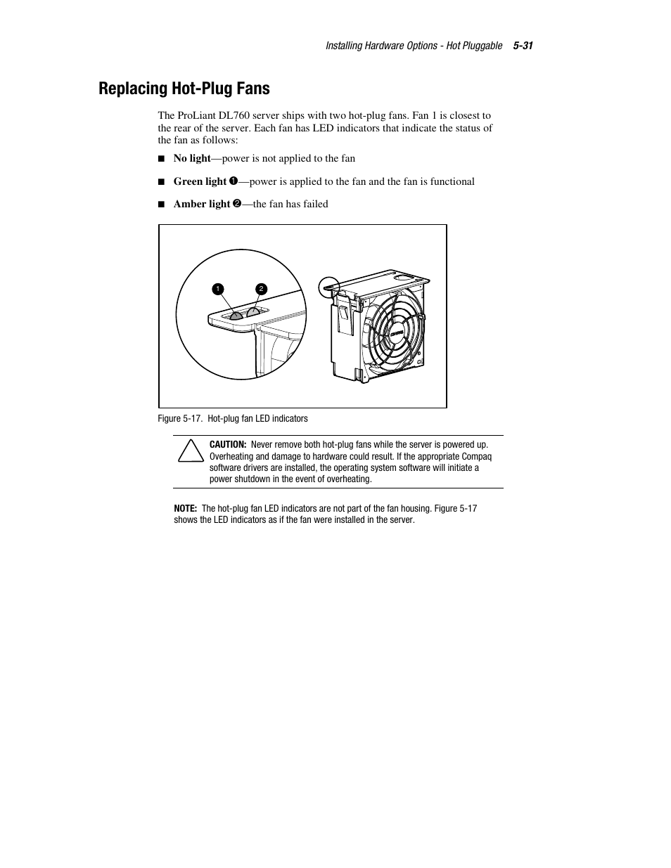 Replacing hot-plug fans, Replacing hot-plug fans -31 | HP ProLiant DL760 Server User Manual | Page 134 / 229