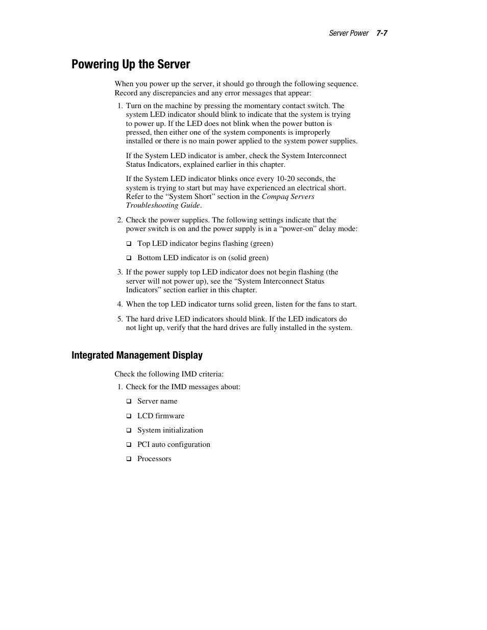 Powering up the server, Integrated management display, Powering up the server -7 | Integrated management display -7 | HP ProLiant DL760 Server User Manual | Page 146 / 229