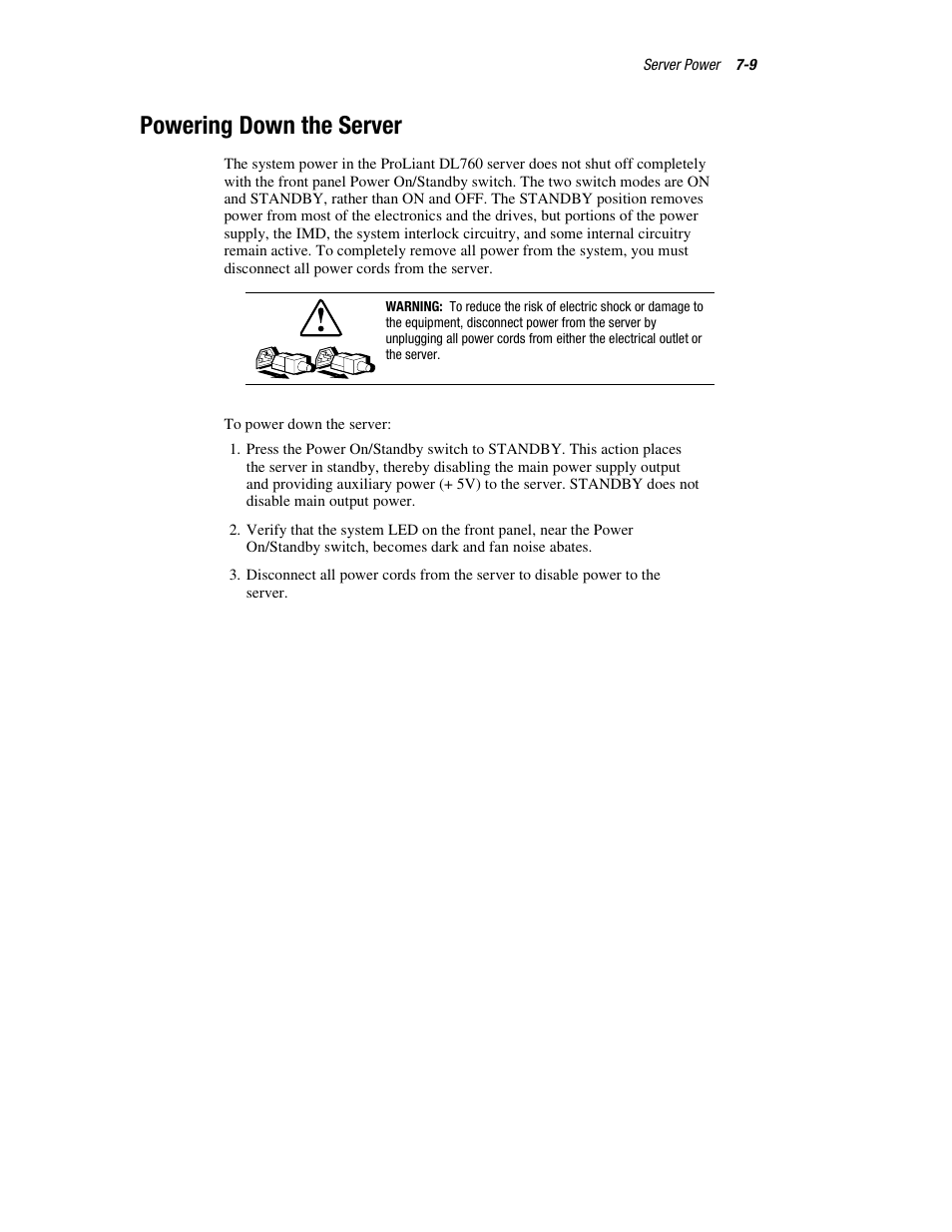 Powering down the server, Powering down the server -9 | HP ProLiant DL760 Server User Manual | Page 148 / 229